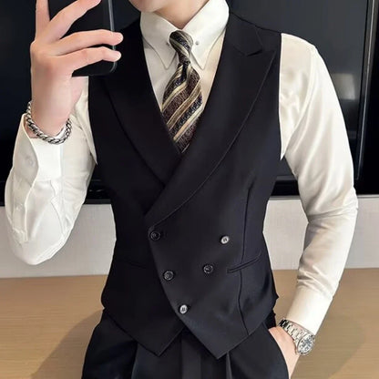 Men Vest Black With Lapel Solid Double Button Waistcoat For Wedding Groom Banquet Business Casual Work Daily Men Suit Vest