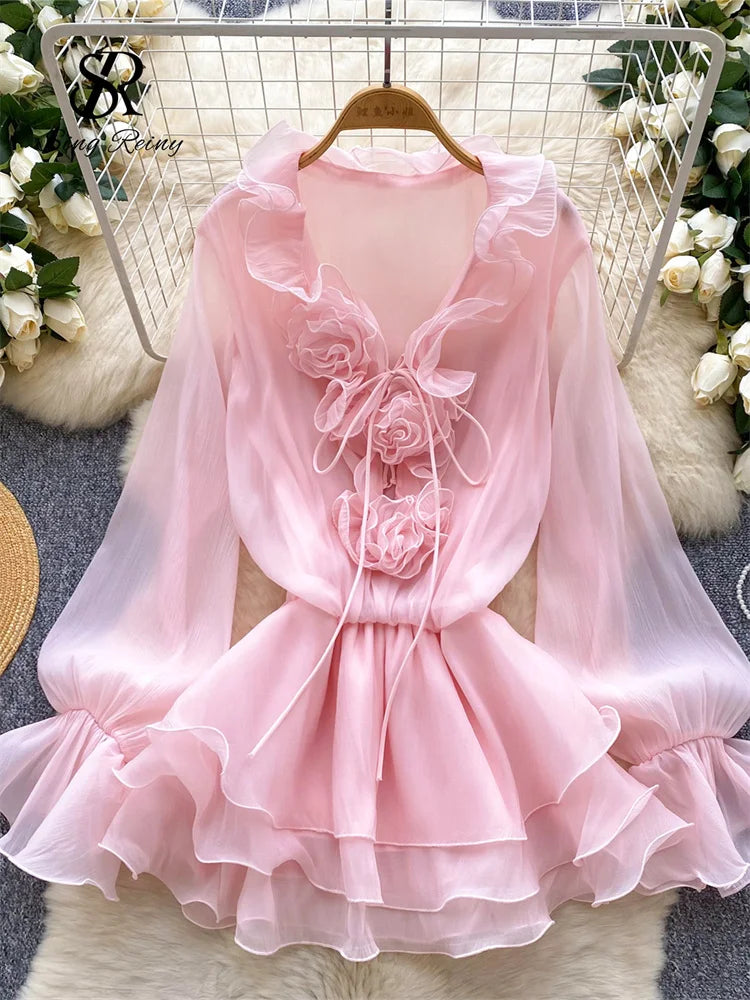 3D Floral Beach Short Dress Female Long Sleeves Lace Up Ruffle Chiffon Cake Sundress Sheer Sexy Vintage Bohemian Dress