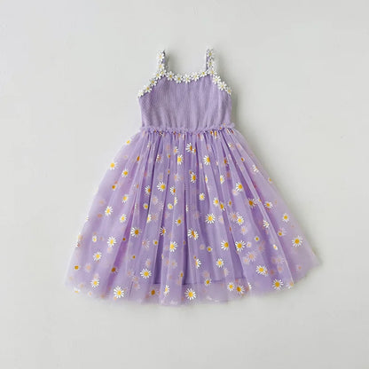 Girls Casual Dresses Little Daisy Flower Mesh Dress for Girls Summer Camisole Pompadour Dress Girls Clothes for2 To 7 Years