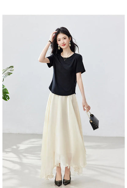 French A-line Shimmer Skirt for Women 2026 Summer New Fashion Irregular Ruffle Hem Elegant Office Maxi Skirt Bottoms 30813