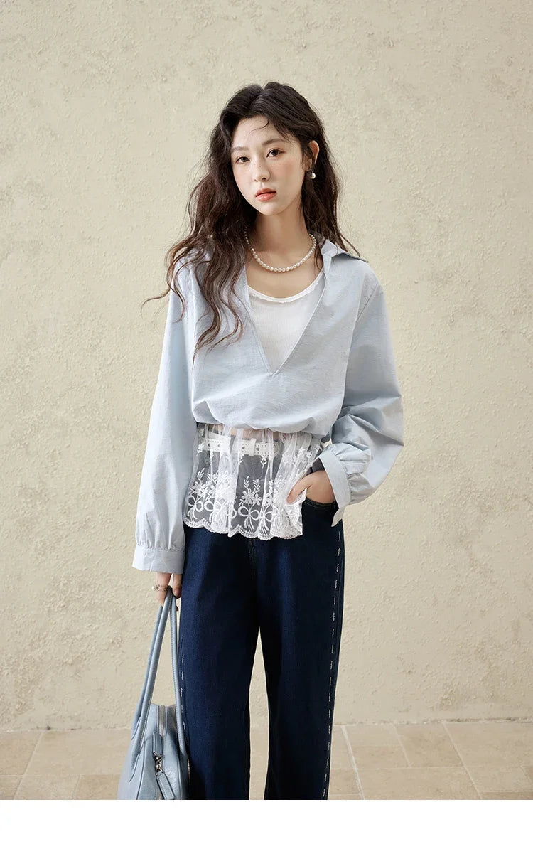 French Spring Shirts Women 2025 Long Sleeve Turn-down Collar Fake Two-piece Blouses Female Splicing Lace Tops MXE16C0783