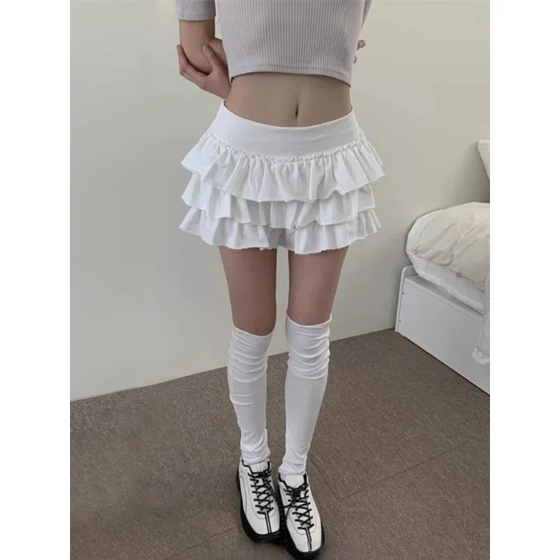 Y2k Lolita Mini Cake Skirt Soft Girl low Waist Ruffle Fluffy Fairy Skirts Summer Kawaii Cute Elegant Short Skirt Black