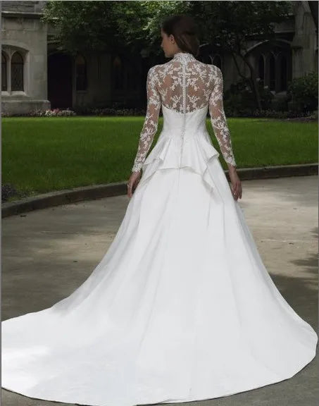 Free shipping A-line V-neck illusion High back stand-up collar Cotton lace cathedral train peplum Buttons zipper Wedding Dress