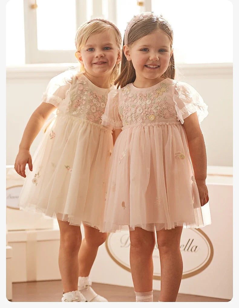 Children's Princess Dress for Girls 2025 New Summer Floral Puff Sleeves Mesh Charm Noble Cute Sweet Party DB2240549