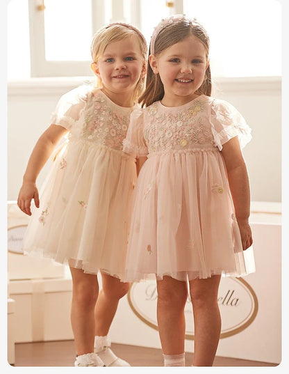 Children's Princess Dress for Girls 2025 New Summer Floral Puff Sleeves Mesh Charm Noble Cute Sweet Party DB2240549