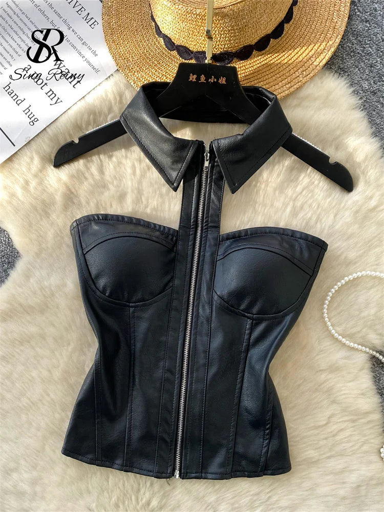 PU Leather Halter Camis Female Zipper Night Club Spicy Girl Tops Off Shoulder American Retro Sensual Bodycon Corset