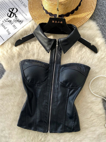 PU Leather Halter Camis Female Zipper Night Club Spicy Girl Tops Off Shoulder American Retro Sensual Bodycon Corset