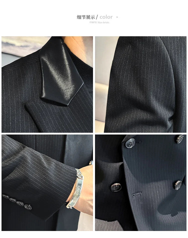 (1 Pcs Jackets) New Thicken Thicken Striped Casual Suit Jacket Fashion Splicing Leather Neck Men's Business Slim Blazers Tuxedos