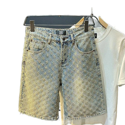 American Y2K Light Luxury Quality Retro Denim Shorts Summer Hip Hop INS Men Loose Shave Jacquard Couple Denim Five Point Pants