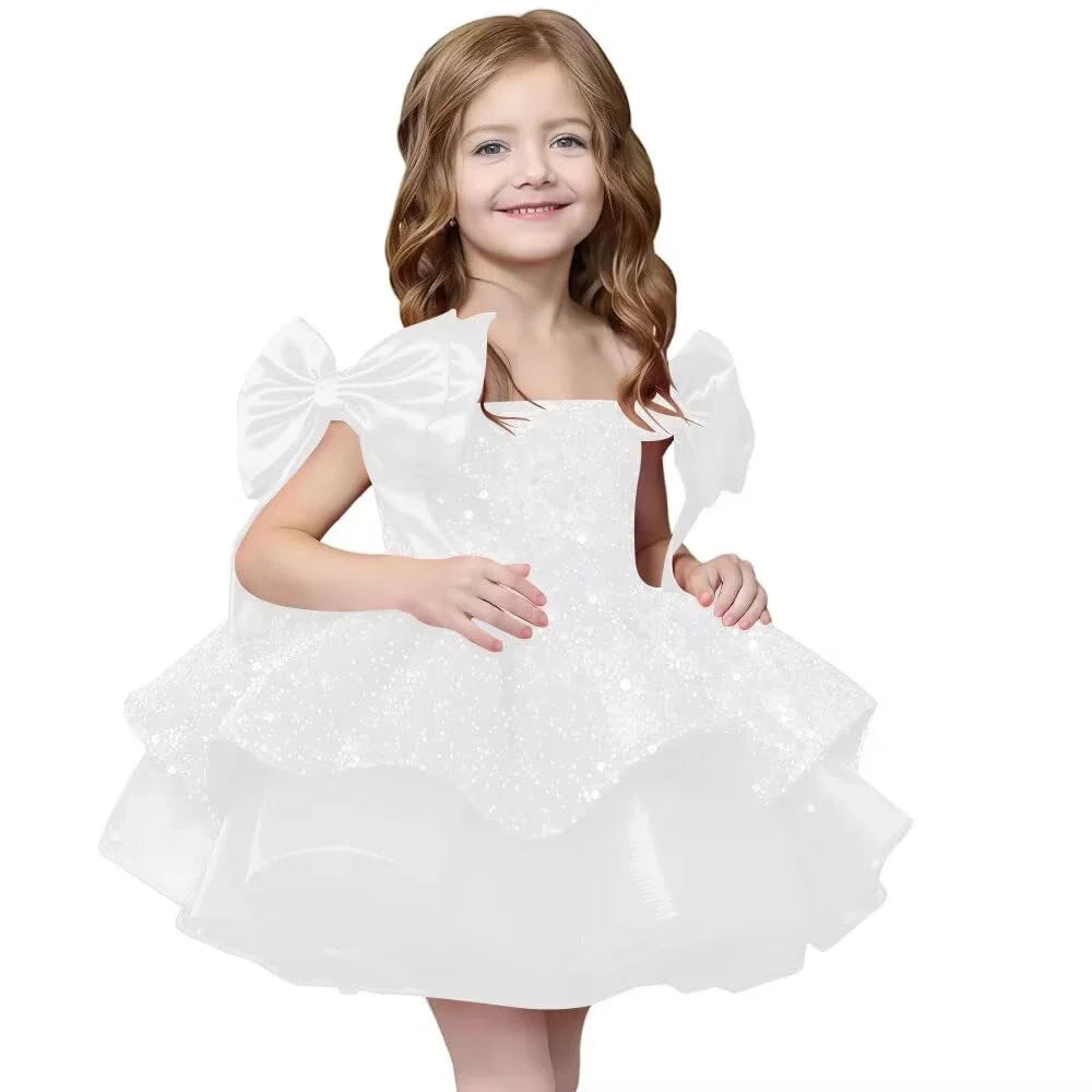 Customized Pink Flower Girl Dresses For Wedding Sequins With Bow Knee Length Cute Princess Birthday Party First Communion Gown