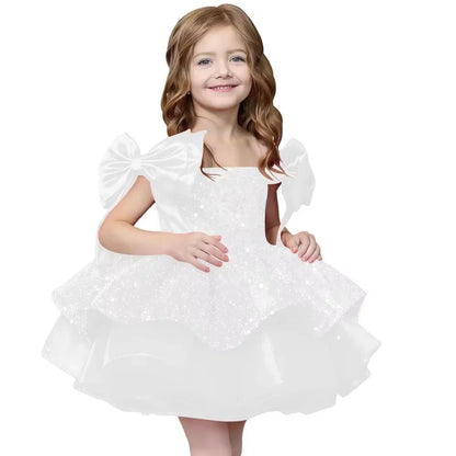 Customized Pink Flower Girl Dresses For Wedding Sequins With Bow Knee Length Cute Princess Birthday Party First Communion Gown