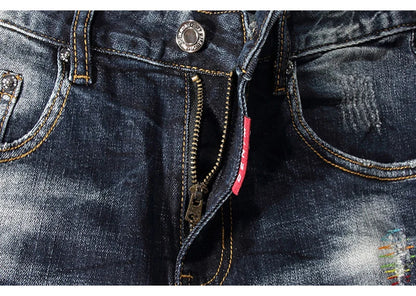 Streetwear Fashion Men Jeans Retro Black Blue Elastic Slim Fit Ripped Jeans Men Spliced Designer Embroidery Hip Hop Denim Pants