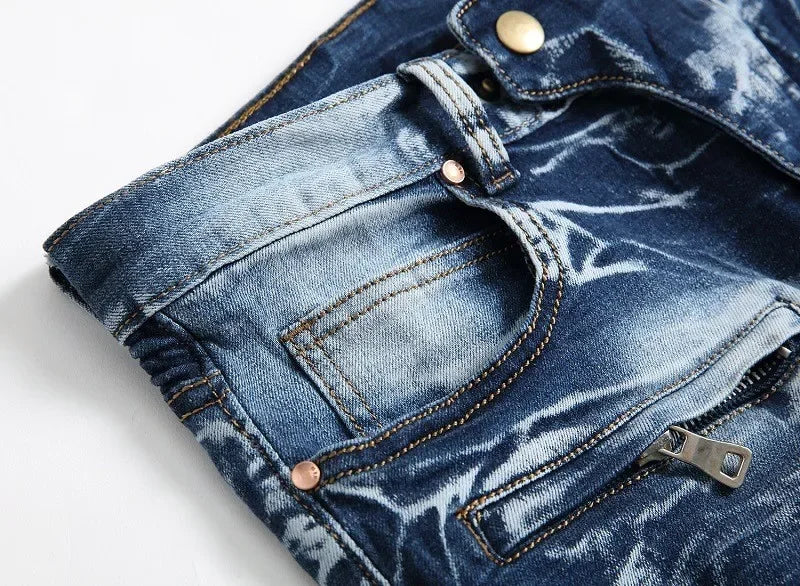 Zipper Pocket Retro Nostalgic Jeans Men's New Style High Street Motorcycle Fashion Stretch Slim Straight Denim Trousers Male