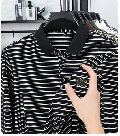 Men's Striped Long Sleeved T-shirt Polo Shirt Button Up Men's Stand Up Collar, Winter Double-sided German Velvet Base Shirt