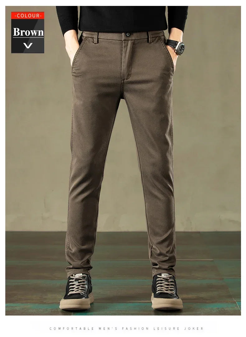 2024 Spring New Men's Casual Pants Brand Clothing Business Elastic Waist Thick Classic Slim Trousers Male Black Grey Brow