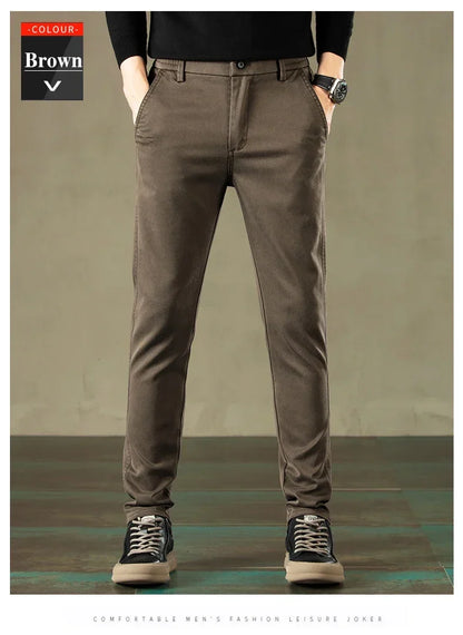 2024 Spring New Men's Casual Pants Brand Clothing Business Elastic Waist Thick Classic Slim Trousers Male Black Grey Brow
