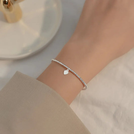 Bracelets 16 cm pour femmes Argent 925 Cœur Argent Corde Élastique Chaîne Perles Rondes Bracelet en Argent Sterling 925 pour femmes