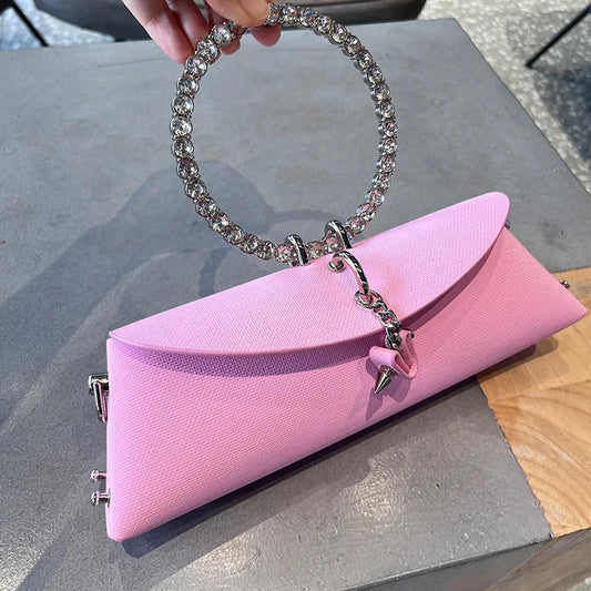 Clutch Bag Luxury Designer Handbag for Women 2025 with Chain Metal Ring Handle PU Leather Rhinestones Purses Shoulder Bag