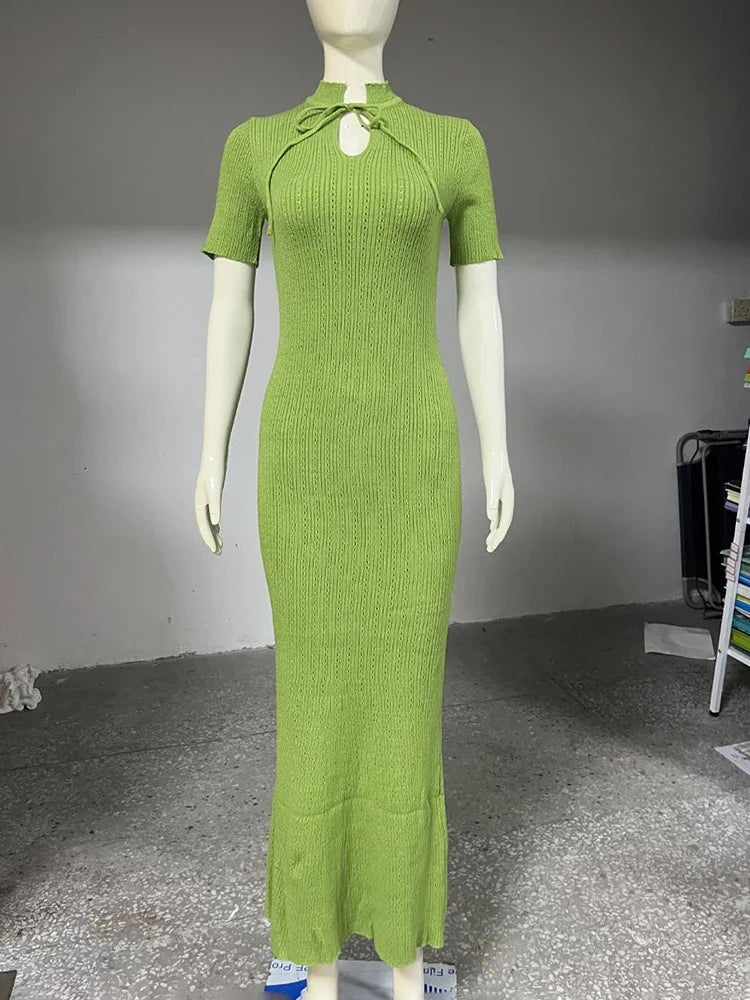 Retro Knitted Long Dress Female Short Sleeve Slim Hollow Retro Elegant Sweater Dress 2025 Summer High Waist Woman Dress
