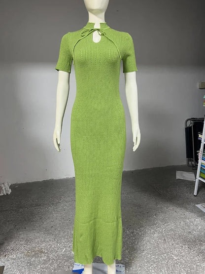 Retro Knitted Long Dress Female Short Sleeve Slim Hollow Retro Elegant Sweater Dress 2025 Summer High Waist Woman Dress