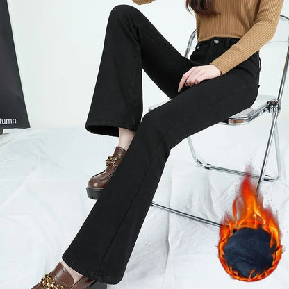 2024 Winter Fleece Women's Flare Pants Retro Slim High Waist Elastic Cotton Thick Warm Denim Pants Fashion Korean Female Clothes