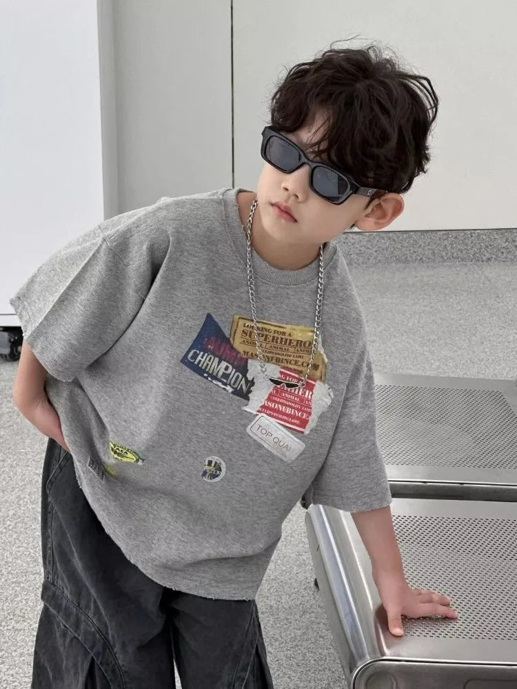 2026 Summer New Vintage Korean Boys T-Shirt Crew Neck Kids Tweens Casual Stylish Breathable Cotton Top