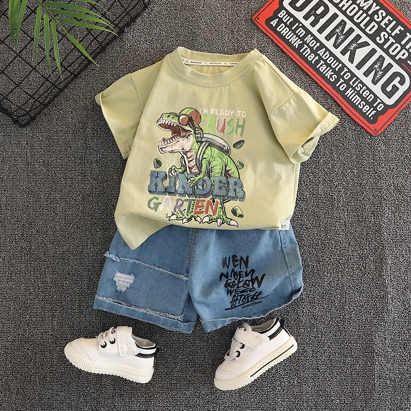 Summer New Boys' Short-Sleeved Set Boys' Casual Cartoon Dinosaur T-Shirt + Casual Denim Shorts Children's Cute Comfort Clothes