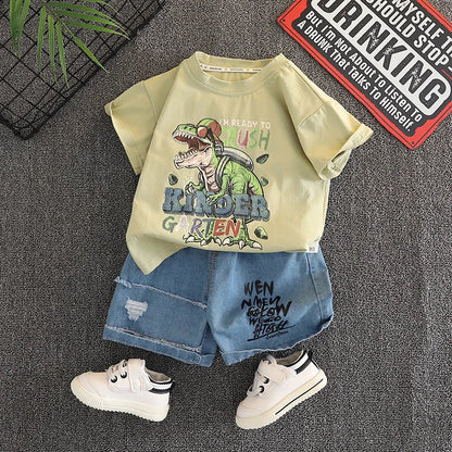 Summer New Boys' Short-Sleeved Set Boys' Casual Cartoon Dinosaur T-Shirt + Casual Denim Shorts Children's Cute Comfort Clothes
