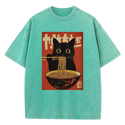 T Shirt Vintage Washed 100% Cotton T-Shirt Black Retro Cat Eating Ramen Graphic Tee Casual Streetwear for Spring Summer Fall