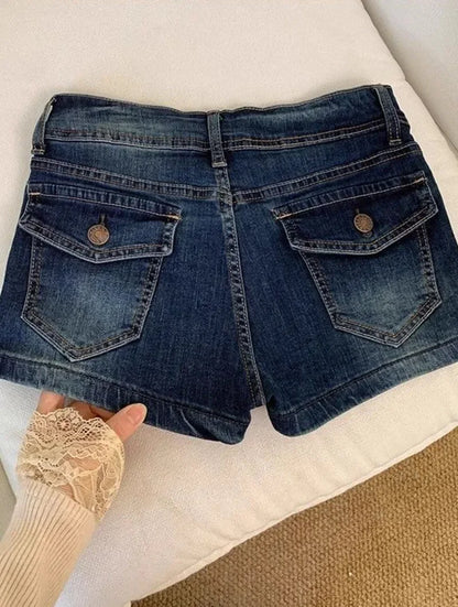 Retro Roll Up Hem Deep Blue Denim Shorts Women Summer Sexy Low Rise Hip Covering Hot Pants American Distressed Washed Jean Short