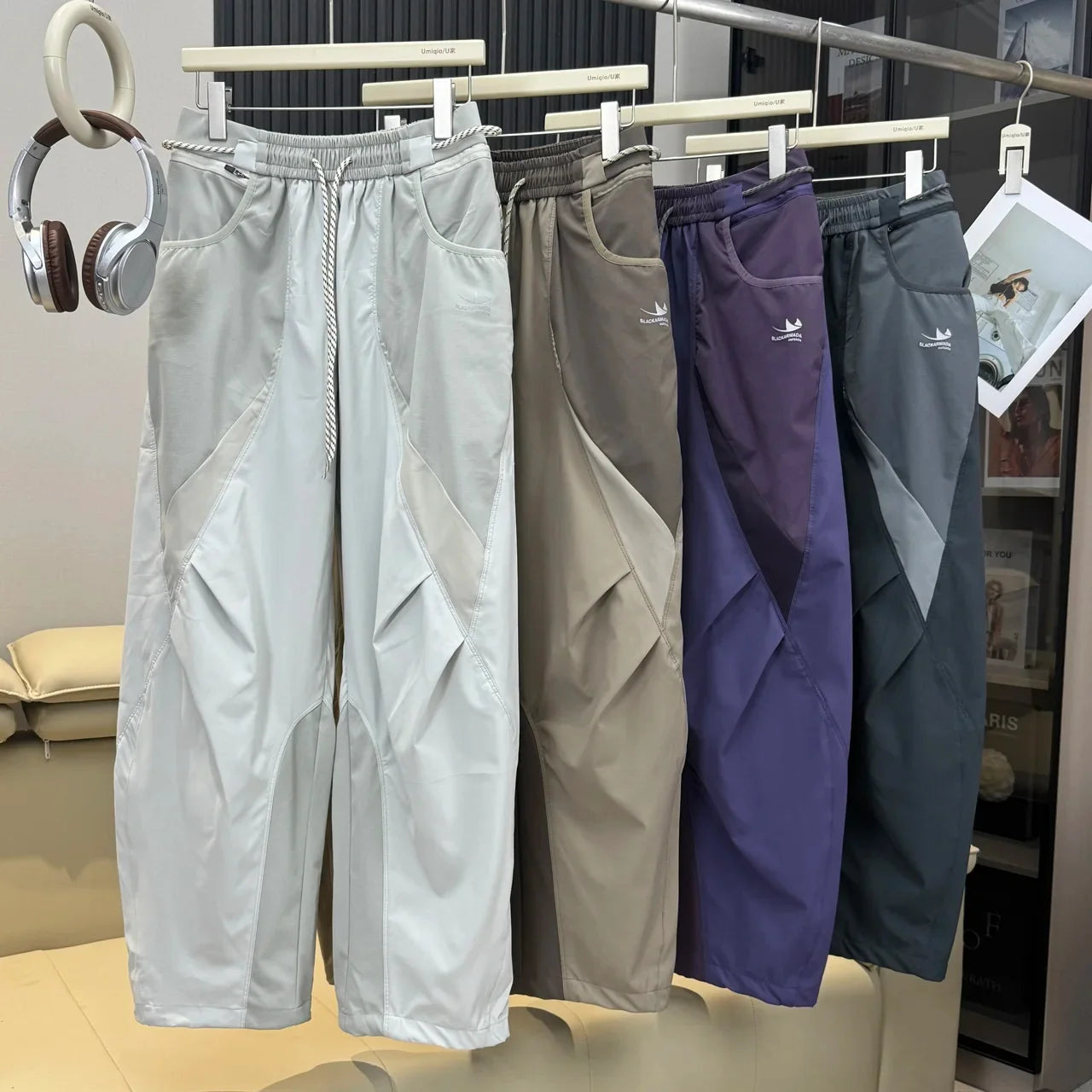 Men Outdoor Lightweight Quick Dry Ultra Loose Casual Splice Wide Leg Techwear Track Cargo Pants Women Streetwear Baggy Trousers