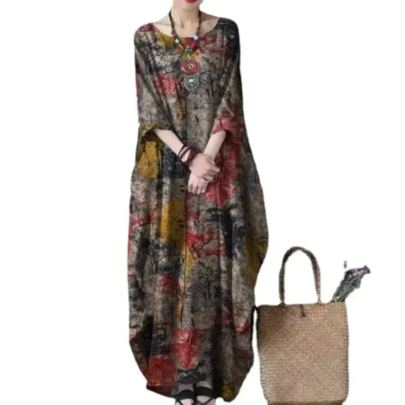 2022 New Loose Printed Cotton Linen Round Neck Long Sleeved Vintage Oversize Dress Women Boho Long Maxi Dress
