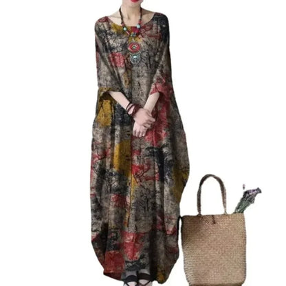 2022 New Loose Printed Cotton Linen Round Neck Long Sleeved Vintage Oversize Dress Women Boho Long Maxi Dress