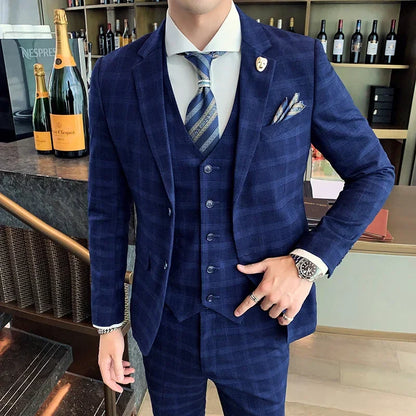 Blue Men Classic Striped/Checked Suits, Asian Size Slim Fit Business Office 3-Piece Sets, Black/Gray and Red Available.
