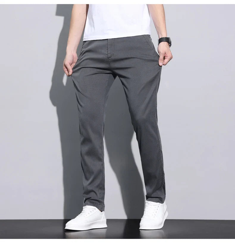 Fiber Fabric Summer Men's Casual Pants Fashion Thin Soft Breathable Elastic Business Slim Straight Trousers Black Gray