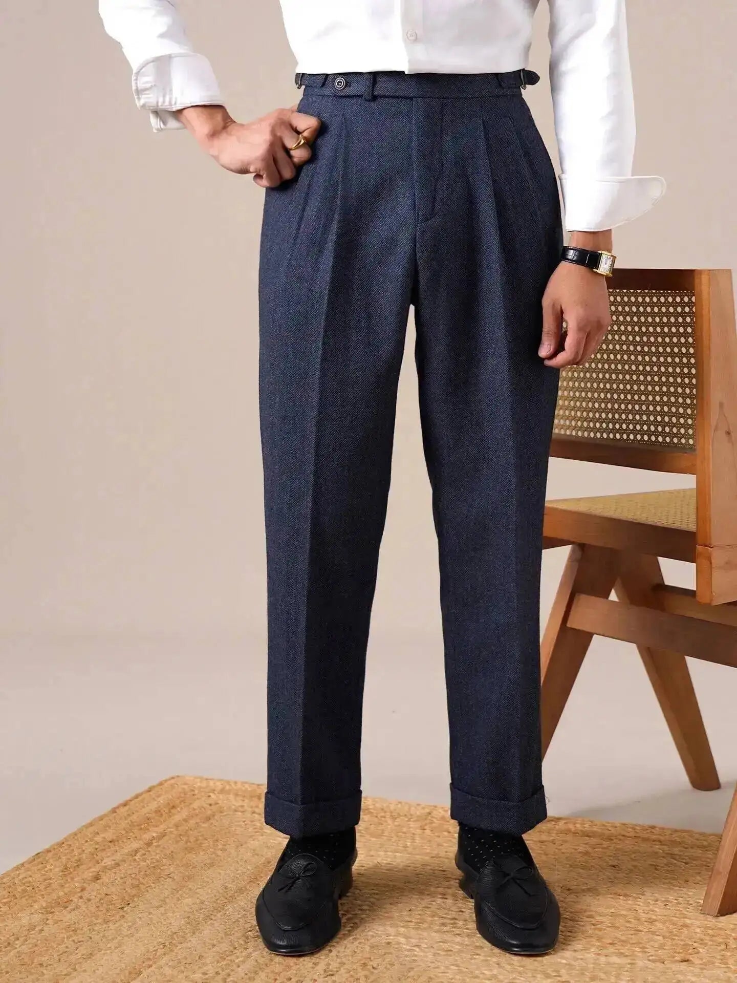 Autumn Herringbone Dress Pants For Men Naples Men's Wool Blend High Waist Social Casual Versatile Long Pants Office Trousers Men