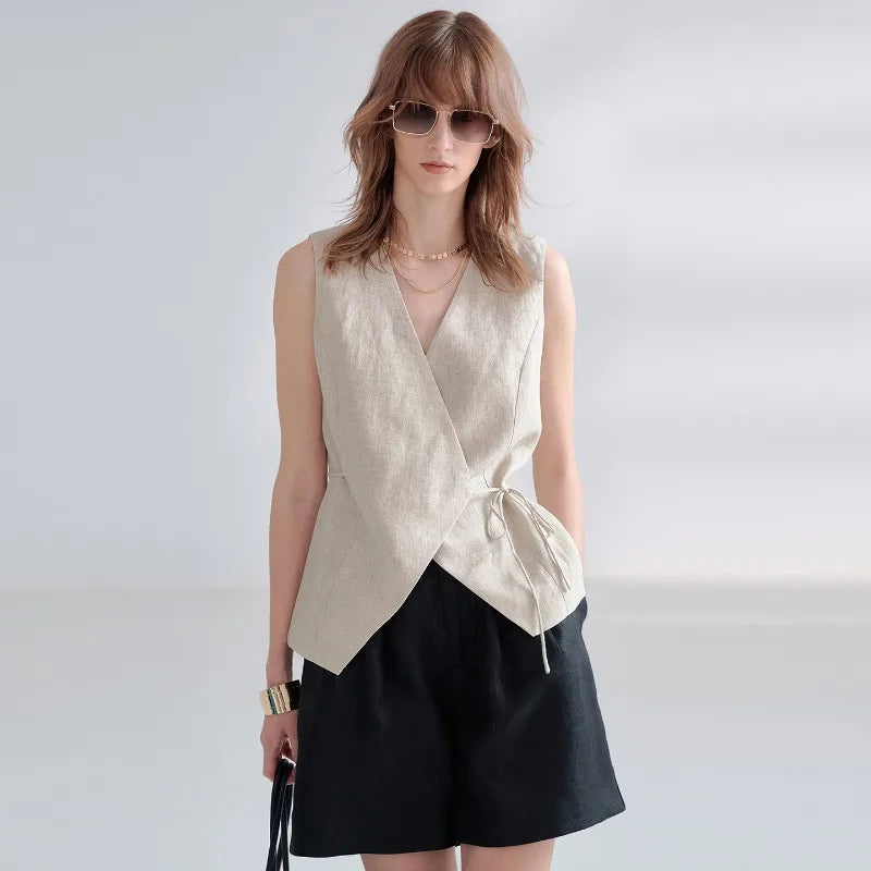 100% Linen V-Neck Vest Women's Tank Top French Vintage Lace-up Top Casual Sleeveless Office Ladies Waist-Cinched Linen Tops