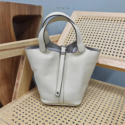 Top Layer Cowhide Leather Handbag European Sle Buet Bag Fre Vegetable Basket Ladies Handbag Soft Handle Casual Faion