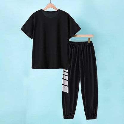 2-pcs Summer Youth Fashion Letter Set 13-16 Year Old Boys and Girls Simple and Versatile Letter Short Sleeve T-shirt Black Pants