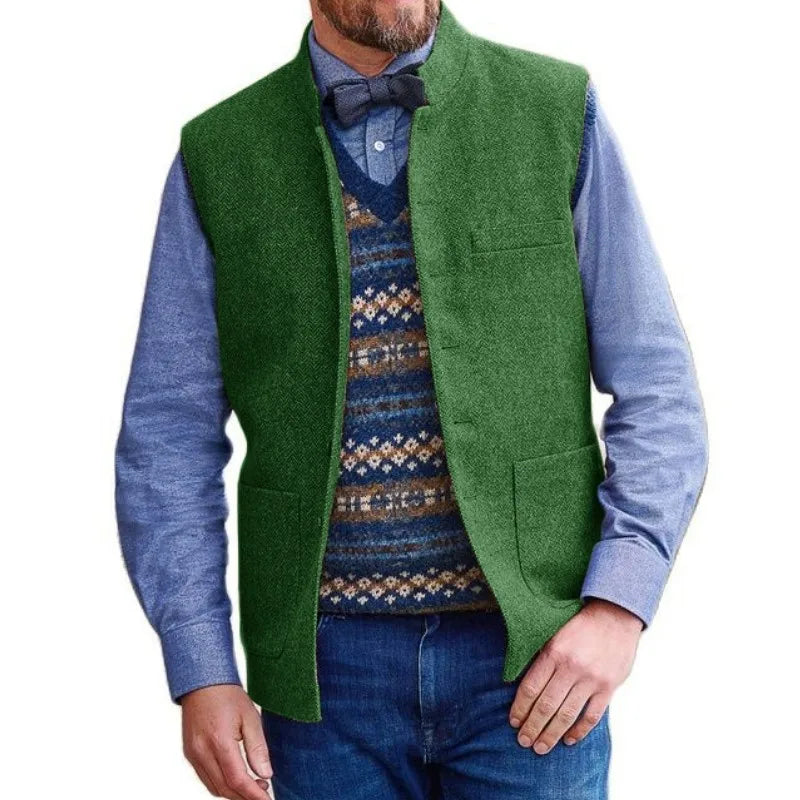 Men Vest Brown Herringbone Single Button Stand Collar Waistcoat For Wedding Business Banquet Work Daily Casual Men Suit Vest