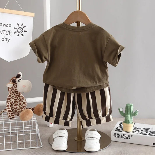 2Pcs T-shirt Shorts Set Baby Summer Clothes Fashion Casual Boy Girl Tee Stripe Shirts Suit Outfits Children Costume