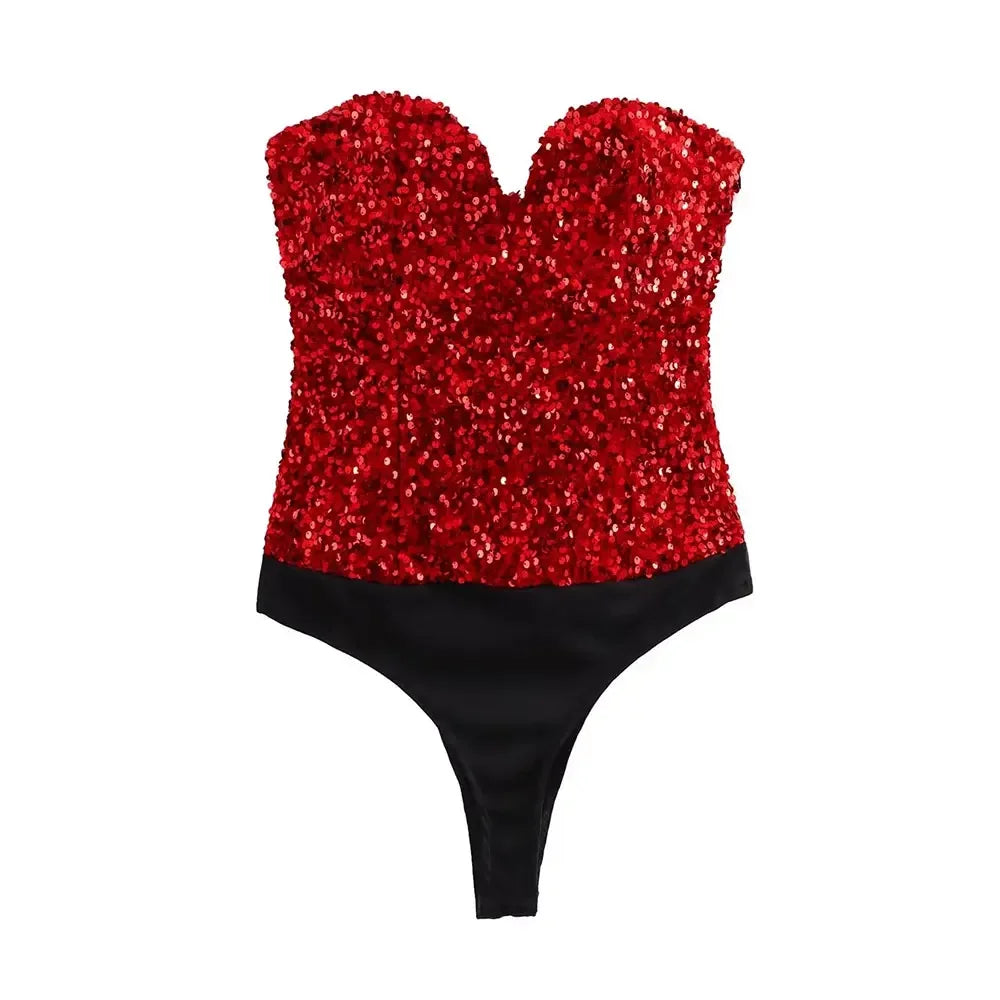 Strapless Sequin Bodysuits for Women, Backless Bodysuits, Sweetheart Neck, Female Playsuits, Sexy Fashion