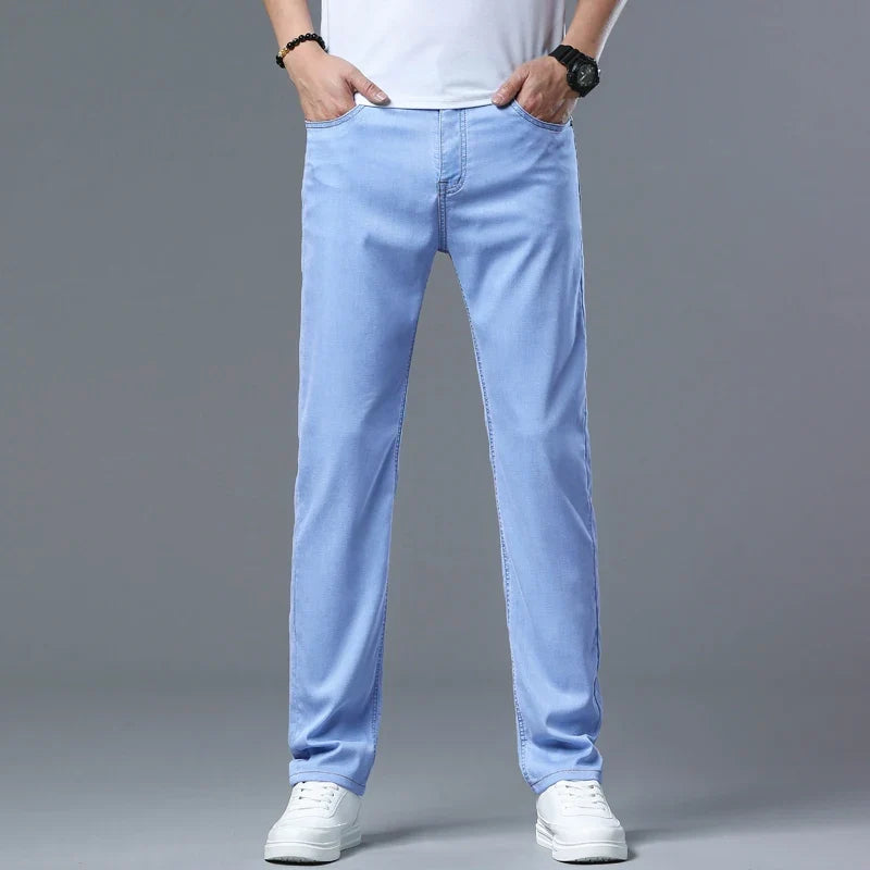 2025 Summer New Men's Sky Blue Slim Stretch Jeans Lyocell Thin Style Fashion Casual Ice Silk Denim Pants Male Brand Trousers