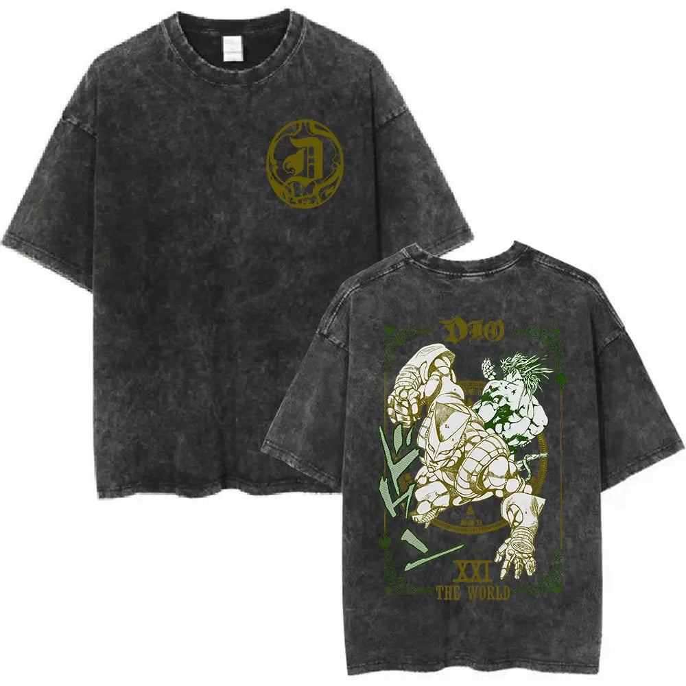 Anime Jojo Bizarre Adventure Washed T-shirt STEEL BALL RUN Diego Brando Manga T-shirts Men Women Cotton Casual Oversized T shirt