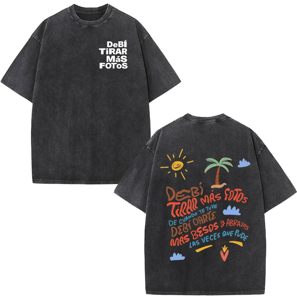 Rapper Bad Bunny Washed Vintage T-shirt Debi Tirar Mas Fotos DTMF World Tour 2026 T Shirts Men Women Fashion Hip Hop T-shirts