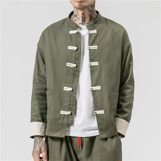 Kung Fu Coat Man Chinese Traditional Retro Autmn Long Sleeve Tang Suit Mandarin Collar Buckle Jacket Men Oriental Cotton Shirt