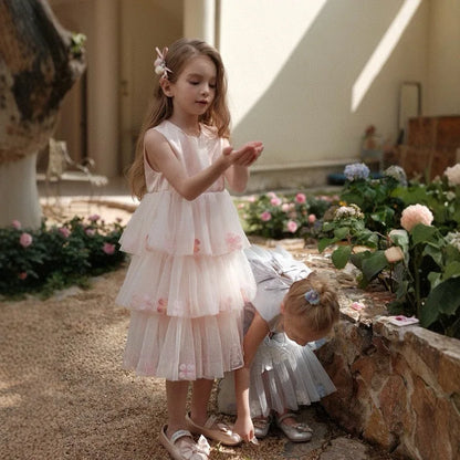 Girls Flower Tulle Cake Blue Pink Dress Princess Party Gown Dresses Kids Sleeveless Birthday Outfits Children Summer Costume