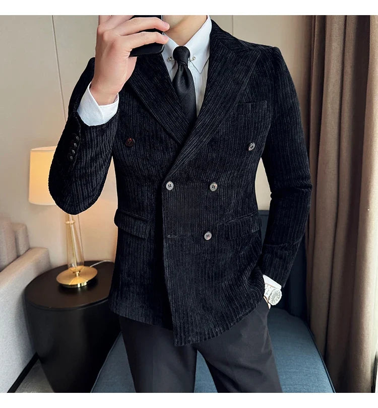 Autumn Winter New Men Corduroy Suit Jackets Double-Breasted Striped Slim Fit Casual Coats High Quality Formal Business Tailcoat
