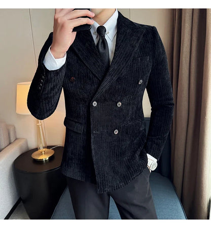 Autumn Winter New Men Corduroy Suit Jackets Double-Breasted Striped Slim Fit Casual Coats High Quality Formal Business Tailcoat