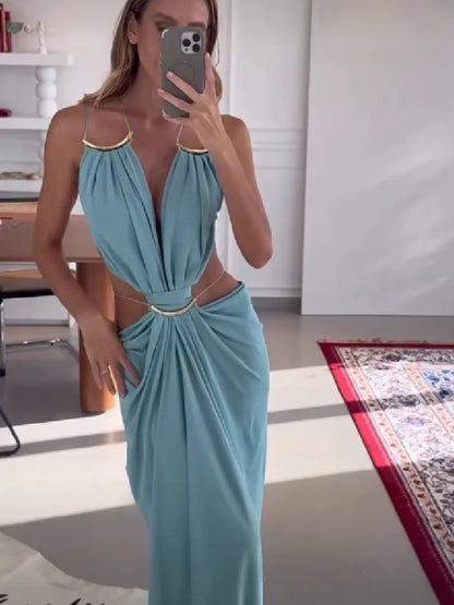 Sexy Halter Strap Long Dress Deep V Pleated Waist Recessed Backless Slim Fit Robe 2026 Summer Vacation Seaside Elegant Lady Gown
